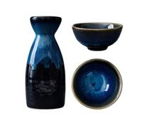 Zerodeko Vintage Japanese Ceramic Sake Set 3pcs Starry Blue Rice Wine Pot with 2 Sake Cups, Traditional Kiln-Change Craft, Suitable for Home Dining and Tea Ceremony