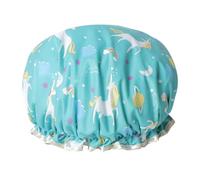 Zerodeko Waterproof Double Layer Shower Cap for Women Elastic Band, Blue Unicorn Bath Hat Suitable for Bathing and Kitchen Use, Reusable Dot Pattern Hair Protection