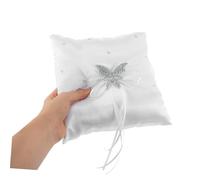 Zerodeko White Bridal Ring Pillow Satin Bow with Rhinestone Accent Lace Design Lightweight Keepsake Cushion for Wedding Ceremony Rustic Ring Bearer Accessory