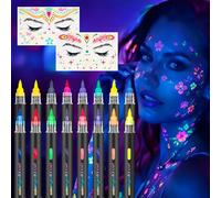 ZEROMX Glow in the Dark Face Paint Pens 16 Colors Neon Face Paint Markers with 2 UV Face Stickers Body Paint UV Face Paint Kit, Temporary Tattoo Pens for Neon Party Accessories Easter Basket Stuffers