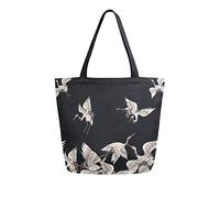 zerosevenee Seamless Japanese White Cranes Flying on Black Dark Canvas Tote Grocery Bag, Women Large Casual Shoulder Bag, Reusable with Pocket Grocery Handbag for Shopping Travel Outdoors