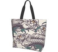 zerosevenee Vintage Japanese Koi Fish Pattern Tote Bag Large Casual Women Shoulder Handbags Reusable Grocery Bags for Work Shopping Travel Beach