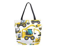 zerosevenee Yellow Machine Vehicles Truck Digger Crane Bagger Canvas Tote Grocery Bag, Women Large Casual Shoulder Bag, Reusable with Pocket Grocery Handbag for Shopping Travel Outdoors