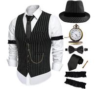 ZeroShop Halloween 1920s Mens Costume Peaky Blinders Roaring 20s Gangster Mobster Outfit, Stripe Hat Vest, XX-L