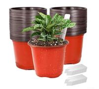 Zeroupshop 100 Pack 4 Inch Plastic Nursery Pots with 100 Plant Labels, Red Grow Pots with 8 Drainage Holes for Indoor For Outdoor Gardening, Starter Containers for