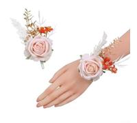 Zeroupshop 2 Pack Artificial Rose Corsage and Boutonniere Set, with Pearl Bracelet Adjustable Wrist Corsage and Clip-On Boutonniere, for Wedding Anniversary Rustic or Boho Theme(Pink)