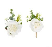 Zeroupshop 2 Pack Artificial Rose Corsage and Boutonniere Set, with Pearl Bracelet Adjustable Wrist Corsage and Clip-On Boutonniere, for Wedding Anniversary Rustic or Boho Theme(White)