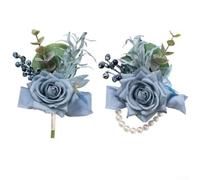 Zeroupshop 2 Pack Artificial Rose Corsage and Boutonniere Set, with Pearl Bracelet Adjustable Wrist Corsage and Clip-On Boutonniere, for Wedding Anniversary Rustic or Boho Theme(Blue)