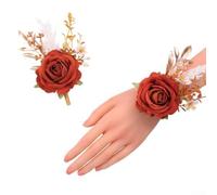 Zeroupshop 2 Pack Artificial Rose Corsage and Boutonniere Set, with Pearl Bracelet Adjustable Wrist Corsage and Clip-On Boutonniere, for Wedding Anniversary Rustic or Boho Theme(Orange)