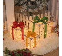 Zeroupshop 3 Pack Christmas Multicolour LED Lighted Gifts Boxes Outdoor Decorations with Elk Snowflake Design for Yard Garden Lawn Holiday Decor(A)