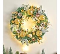 Zeroupshop Christmas Wreath Artificial Pine Wreath with Golden Balls Pinecones Berries and Glittered Leaves, Festive Door Wall Fireplace Decoration 13.78 Inch(with light)