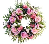 Zeroupshop Springs Wreath Artificial Flowers, Silk Flower Door Decor With Roses Blueberries Hydrangeas, Handmade Silk Floral Garland For Door Wedding Home Decor, 45X45cm(20 inch)
