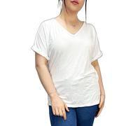Zerox World Women's New Plus Size Womens Short Turn Up Sleeve Baggy Plain Top Ladies V-Neck T-Shirt 8-26 White