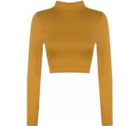 Zerox World Womens Polo Turtle Neck Long Sleeve Cropped T Shirt - Ladies Plain Basic Crop Top for Casual Wear, Stretchy Slim Fit, Soft Comfortable Fabric Mustard