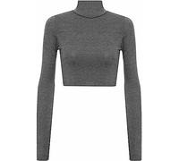 Zerox World Womens Polo Turtle Neck Long Sleeve Cropped T Shirt - Ladies Plain Basic Crop Top for Casual Wear, Stretchy Slim Fit, Soft Comfortable Fabric Charcoal