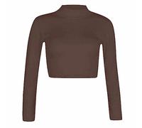 Zerox World Womens Polo Turtle Neck Long Sleeve Cropped T Shirt Ladies Plain Basic Crop Top Brown