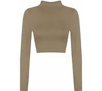 Zerox World Womens Polo Turtle Neck Long Sleeve Cropped T Shirt - Ladies Plain Basic Crop Top for Casual Wear, Stretchy Slim Fit, Soft Comfortable Fabric Mocha