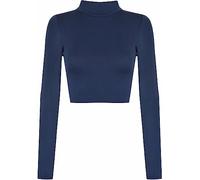 Zerox World Womens Polo Turtle Neck Long Sleeve Cropped T Shirt - Ladies Plain Basic Crop Top for Casual Wear, Stretchy Slim Fit, Soft Comfortable Fabric Navy