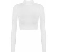 Zerox World Womens Polo Turtle Neck Long Sleeve Cropped T Shirt - Ladies Plain Basic Crop Top for Casual Wear, Stretchy Slim Fit, Soft Comfortable Fabric White