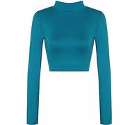 Zerox World Womens Polo Turtle Neck Long Sleeve Cropped T Shirt - Ladies Plain Basic Crop Top for Casual Wear, Stretchy Slim Fit, Soft Comfortable Fabric Teal