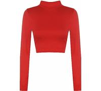 Zerox World Womens Polo Turtle Neck Long Sleeve Cropped T Shirt - Ladies Plain Basic Crop Top for Casual Wear, Stretchy Slim Fit, Soft Comfortable Fabric Red