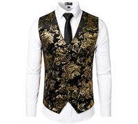 ZEROYAA Mens Hipster Metallic Paisley Printed Single Breasted V-Neck Suit Vest/Tuxedo Waistcoat, Gold, S