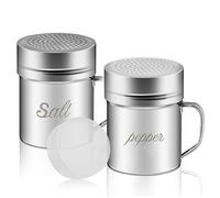ZERUIDM Stainless Steel Salt and Pepper Shakers Set, 10 OZ Seasoning Spice Shaker with Lid and Handle 127 Holes, Metal Dredge Shaker for Powder Sugar Cooking Kitchen Baking (2 Pieces)