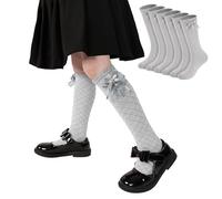 ZERULETS 3 Pairs Girls Knee High School Socks Cotton Long School Socks with Bows Grey Uniform Daily Festival Party Argyle Sock for Kids 4-7 Years