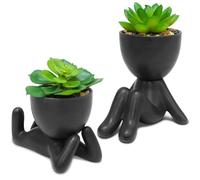 Zerzsy 2PCS Cute Artificial Succulent Plants with Creative Human Shaped Pots, Desk Decoration Mini Potted Planter Succulent Decor for Desktop Office Bedroom Table 2PCS (Matte Black)