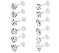 ZeSen Jewelry 12pcs 16G Clear Bioflex CZ Stone Labret Monroe Lip Ring Helix Tragus Cartilage Earrings Stud Piercing, Stainless Steel, Cubic Zirconia, Stainless Steel, Cubic zirconia