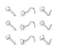 ZeSen Jewelry 9-12 Pieces 20g Tiny Nose Studs L-Shape CZ Nose Bones Nose Screw Rings Set Stainless Steel Nose Piercing Stud (Mixed style(AB White))