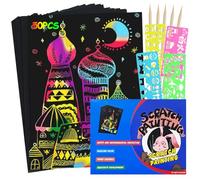 ZesGlyxyr Rainbow Scratch Art, Scratch Art Notes for Kids Set, 50PCS Rainbow Painting Sheets, with 5 Wooden Styluses, 4 Drawing Stencils for Drawing Children Adults, DIY Craft Sets Gift