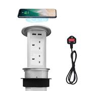 ZESHAN motorised pop up sockets for kitchen worktops with wireless charging, 4 UK plugs, 2 USB A and 2 USB C Charging for Kitchen Counter, Conference Room, Silver