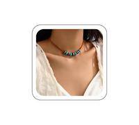 Zeshimb Boho Round Ball Beads Turquoise Necklace Leather Cord Faux Pearl Beaded Necklace Brown Suede Choker Necklace Ethnic Mala Beads Leather Necklace Hippie Jewelry for Women, Faux Leather, No