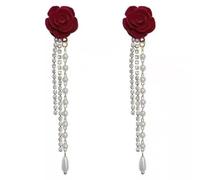 Zeshimb Long Tassel Flower Earrings Rhinestone Pearl Chain Dangle Fabric Rose Flower Earrings Crystal Tennis Chain Fringe Chandelier Earrings Camellia Pearl Drop Earrings Jewelry for Women