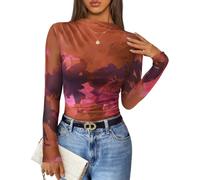 ZESICA Floral Long Sleeve Tops for Women 2025 Fall Mesh Mock Neck Ruched Fitted Shirts Going Out Blouses Trendy Clothes, Purple, S