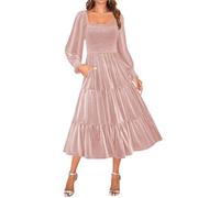 ZESICA Women’s Velvet Long Sleeve Dresses 2025 Fall Square Neck Smocked Ruffle A Line Flowy Midi Dress with Pockets, Pink, S