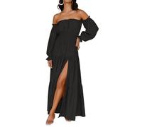 ZESICA Women's 2023 Boho Sexy Off Shoulder Long Sleeve Smocked High Waist Side Split Flowy A Line Tiered Long Maxi Dress, Darkblack, XL