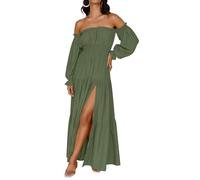 ZESICA Women's 2023 Boho Sexy Off Shoulder Long Sleeve Smocked High Waist Side Split Flowy A Line Tiered Long Maxi Dress, Olive, M