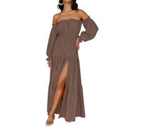 ZESICA Women's 2023 Boho Sexy Off Shoulder Long Sleeve Smocked High Waist Side Split Flowy A Line Tiered Long Maxi Dress, Coffee, M
