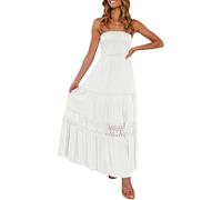 ZESICA Women's 2023 Summer Bohemian Strapless Off Shoulder Lace Trim Backless Flowy A Line Beach Long Maxi Dress, White, M