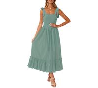ZESICA Women's 2023 Summer Boho Spaghetti Strap Square Neck Solid Color Ruffle A Line Beach Long Maxi Dress, Green, Medium