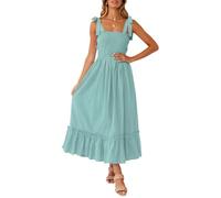 ZESICA Women's 2023 Summer Boho Spaghetti Strap Square Neck Solid Color Ruffle A Line Beach Long Maxi Dress, Sage, Medium