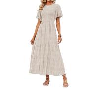 ZESICA Women's 2023 Summer Casual Floral Print Short Flutter Sleeve Crew Neck Smocked High Waist Flowy Maxi Dress, Beige, S