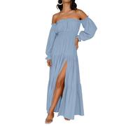 ZESICA Women's 2024 Boho Sexy Off Shoulder Long Sleeve Smocked High Waist Side Split Flowy A Line Tiered Long Maxi Dress, Light Blue, M