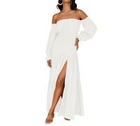 ZESICA Women's 2024 Boho Sexy Off Shoulder Long Sleeve Smocked High Waist Side Split Flowy A Line Tiered Long Maxi Dress, White, M