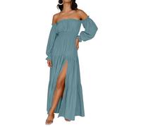 ZESICA Women's 2024 Boho Sexy Off Shoulder Long Sleeve Smocked High Waist Side Split Flowy A Line Tiered Long Maxi Dress, Teal, L