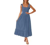 ZESICA Women's 2024 Summer Boho Spaghetti Strap Square Neck Solid Color Ruffle A Line Beach Long Maxi Dress, Dustyblue, Medium