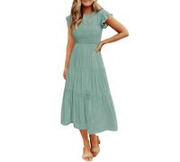 ZESICA Women's 2024 Summer Casual Flutter Short Sleeve Crew Neck Smocked Elastic Waist Tiered Midi Dress, Sage, M