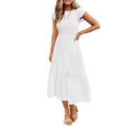 ZESICA Women's 2024 Summer Casual Flutter Short Sleeve Crew Neck Smocked Elastic Waist Tiered Midi Dress, White, XL